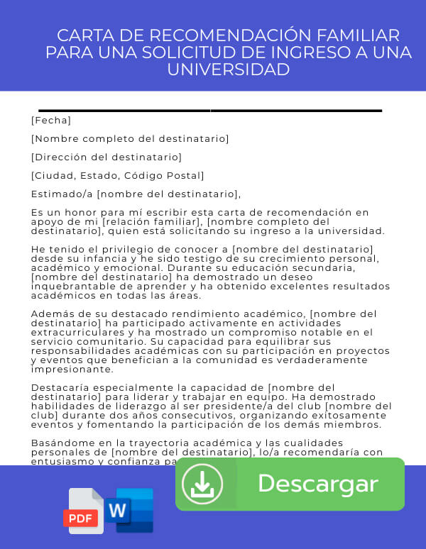 Carta de recomendacion familiar ejemplo formato
